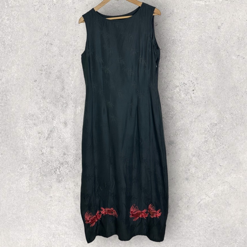 Vintage Citron 100% Silk Black Maxi Dress Fish Embroidery Size Small Side Zipper - Picture 2 of 14